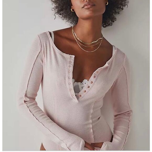 Free People Intimately Sloane Bodysuit Pink Nectar Knit WMN XS Henley Snap Scoop - Picture 12 of 13